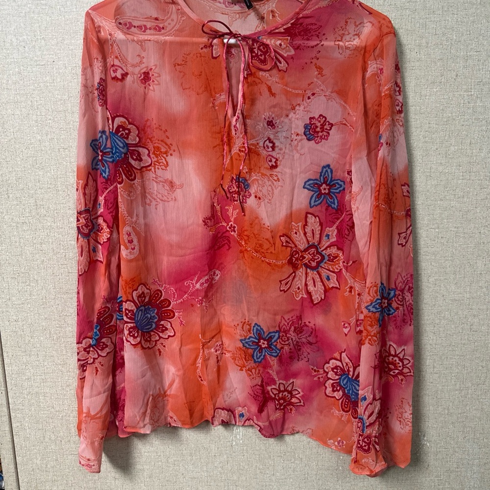 Daisy Fuentes Coral Pink & Blue Floral Sheer Tie-Neck Blouse